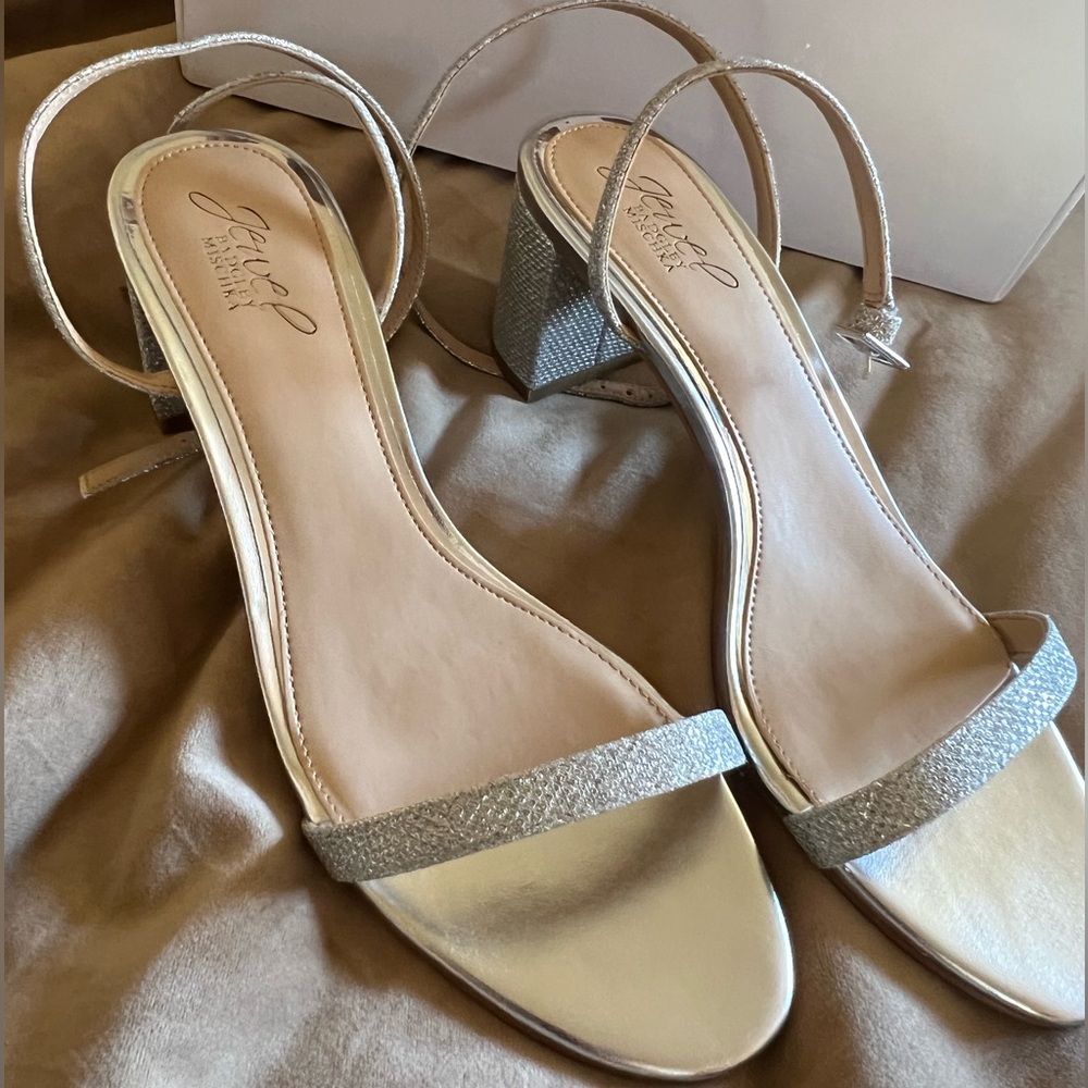 Jewel Badgley Mischka Metallic Block Heel Sandals